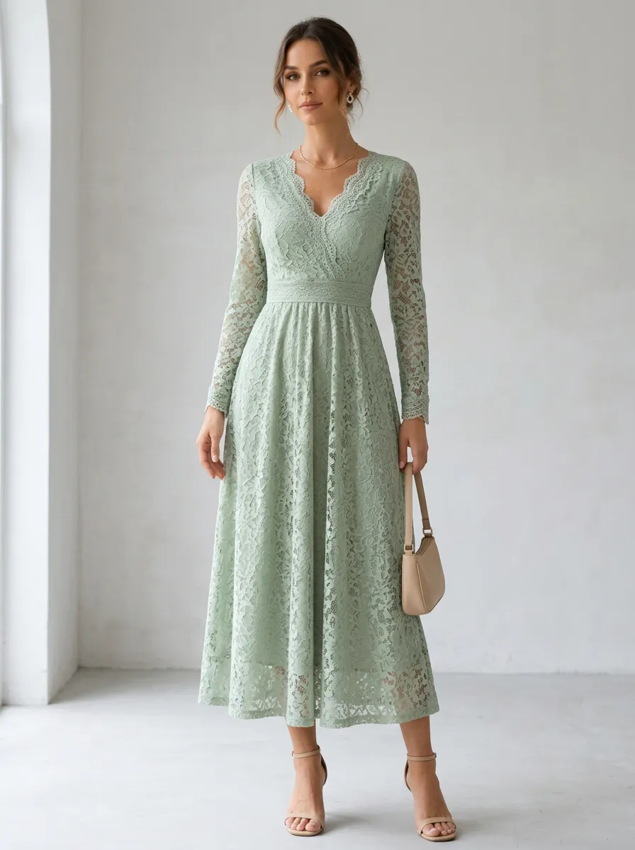Women's Elegant Sage Green Floral Lace V-Neck Long Sleeve Midi Dress