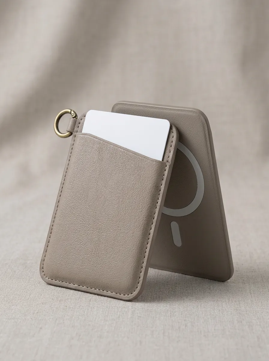 Taupe Leather Magnetic Phone Card Holder