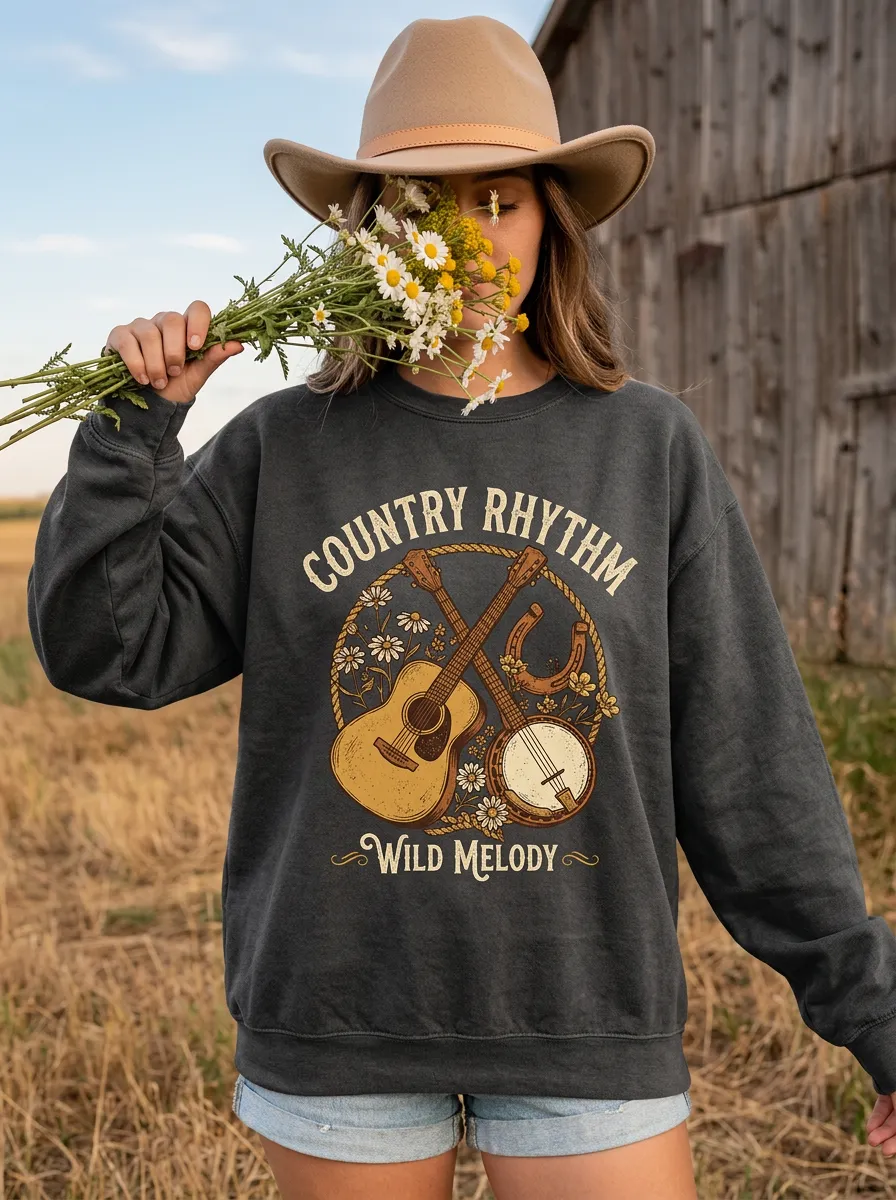Western-Inspired Casual-Look Women's Country Music Crewneck Sweatshirt