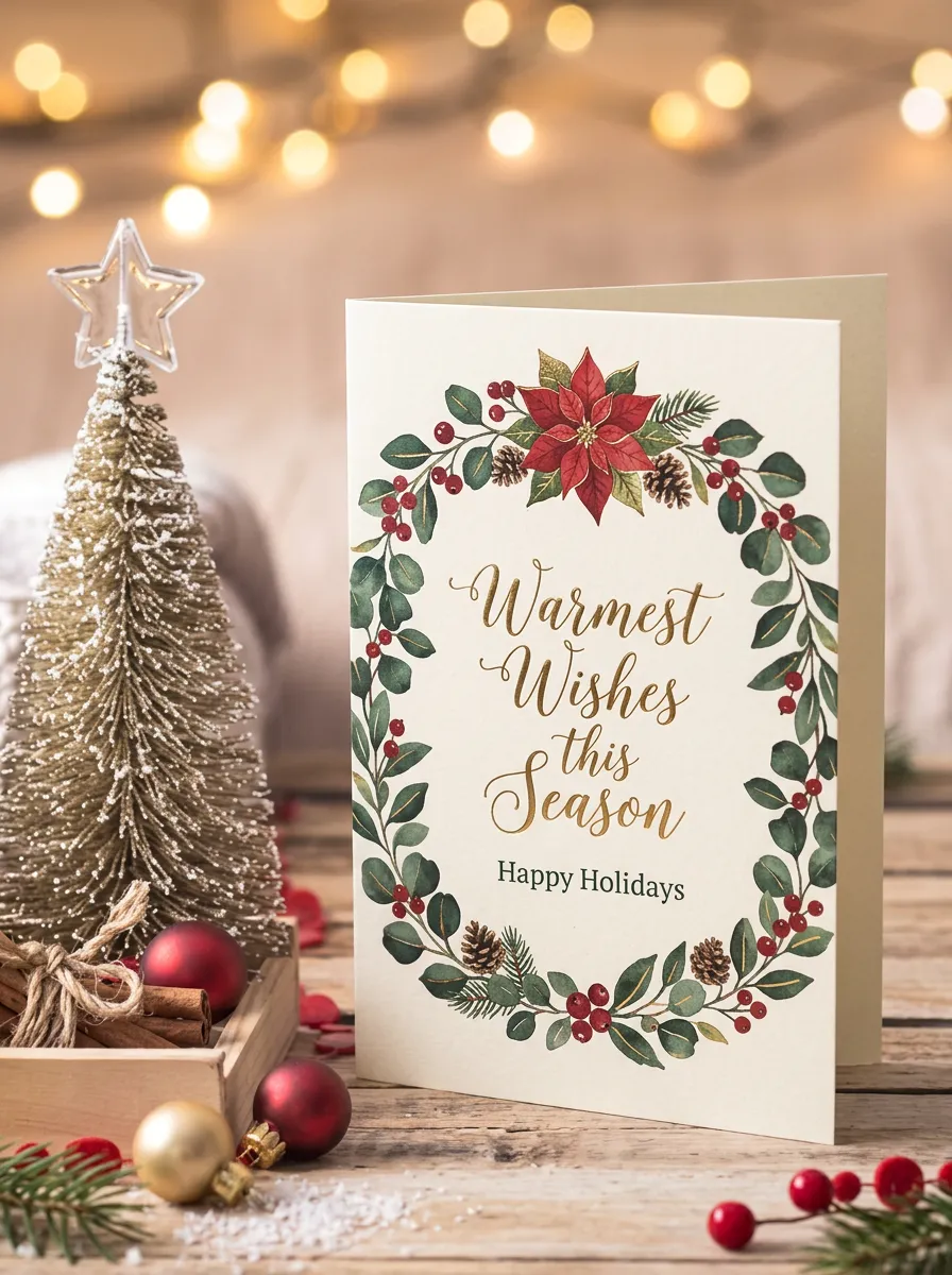 Christmas Poinsettia Wreath Floral Greeting Card
