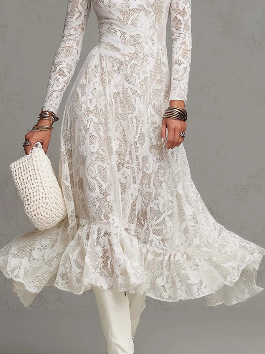 Elegant Sheer Floral Lace Turtleneck Long Sleeve Midi Dress