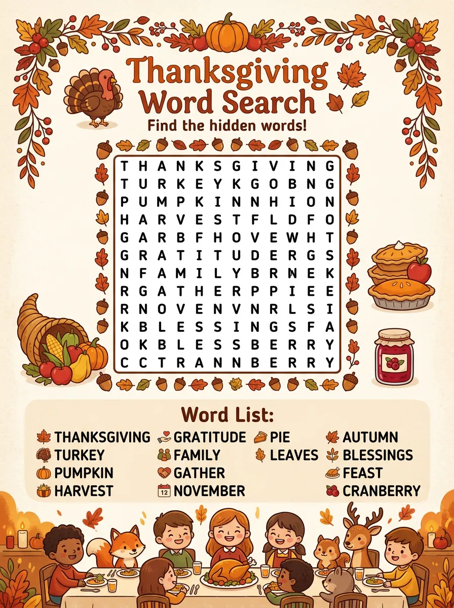 Kids Thanksgiving Turkey Pumpkin Activity Game Poster