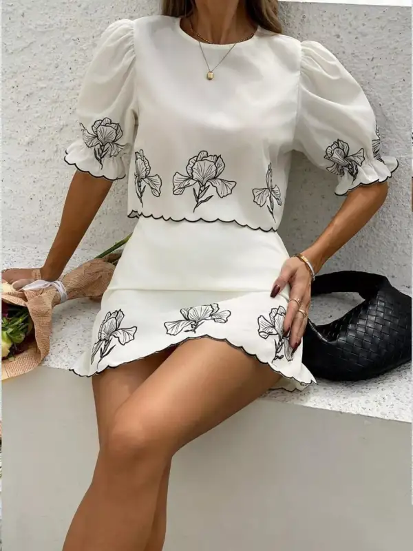Versatile Floral Scallop Trim Top And Skirt Two-Piece Set