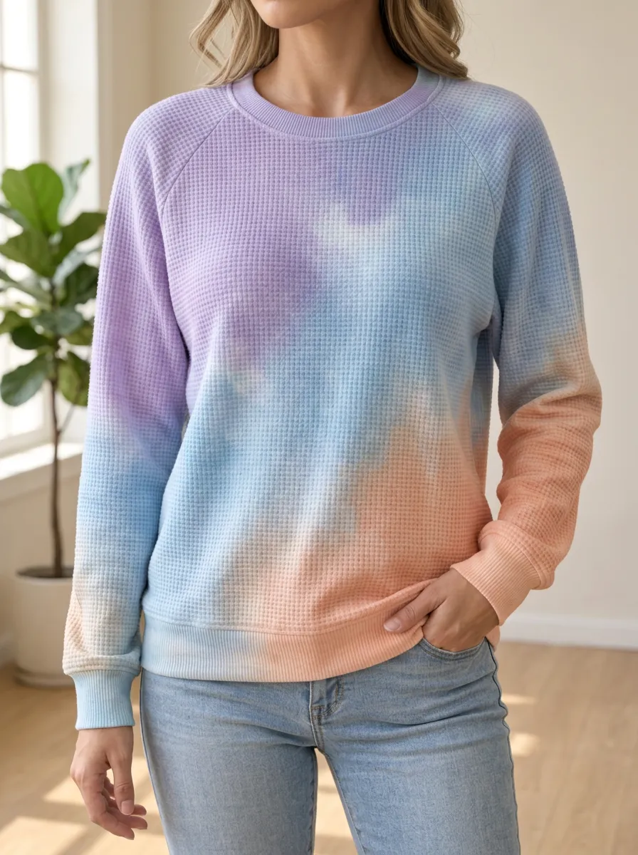 Women's Weekend Pastel Tie Dye Waffle Knit Crewneck Sweatshirt