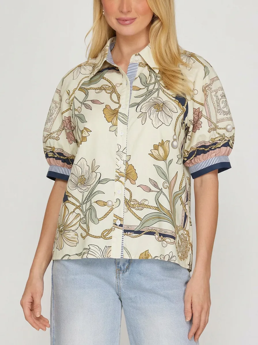 Women's Floral Rope Pattern Vintage Printed Button-up Shirt