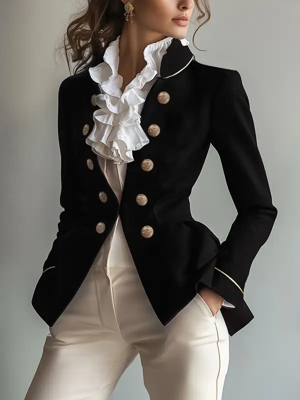 Long Sleeve Button Front Solid Color Split Stand Blazer