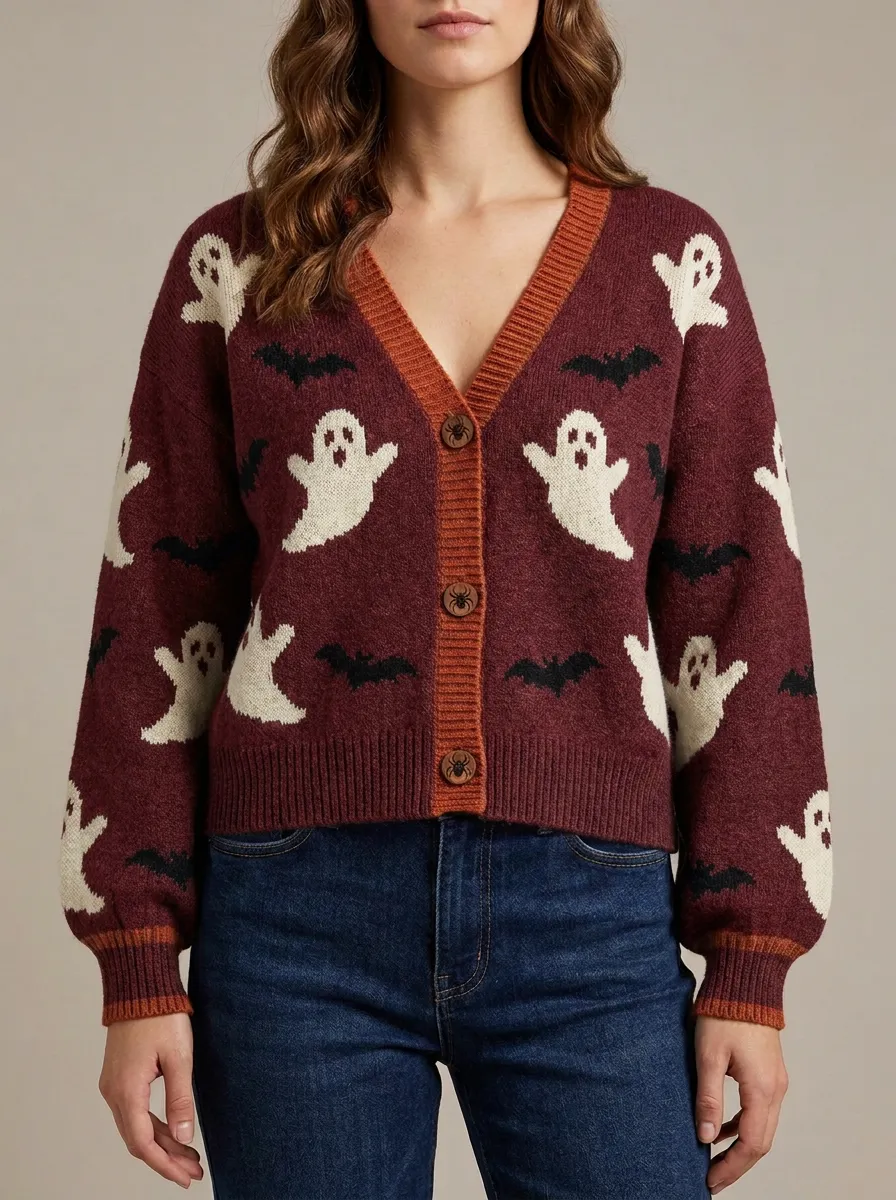 Women's Ghost Bat Halloween Knit Cardigan