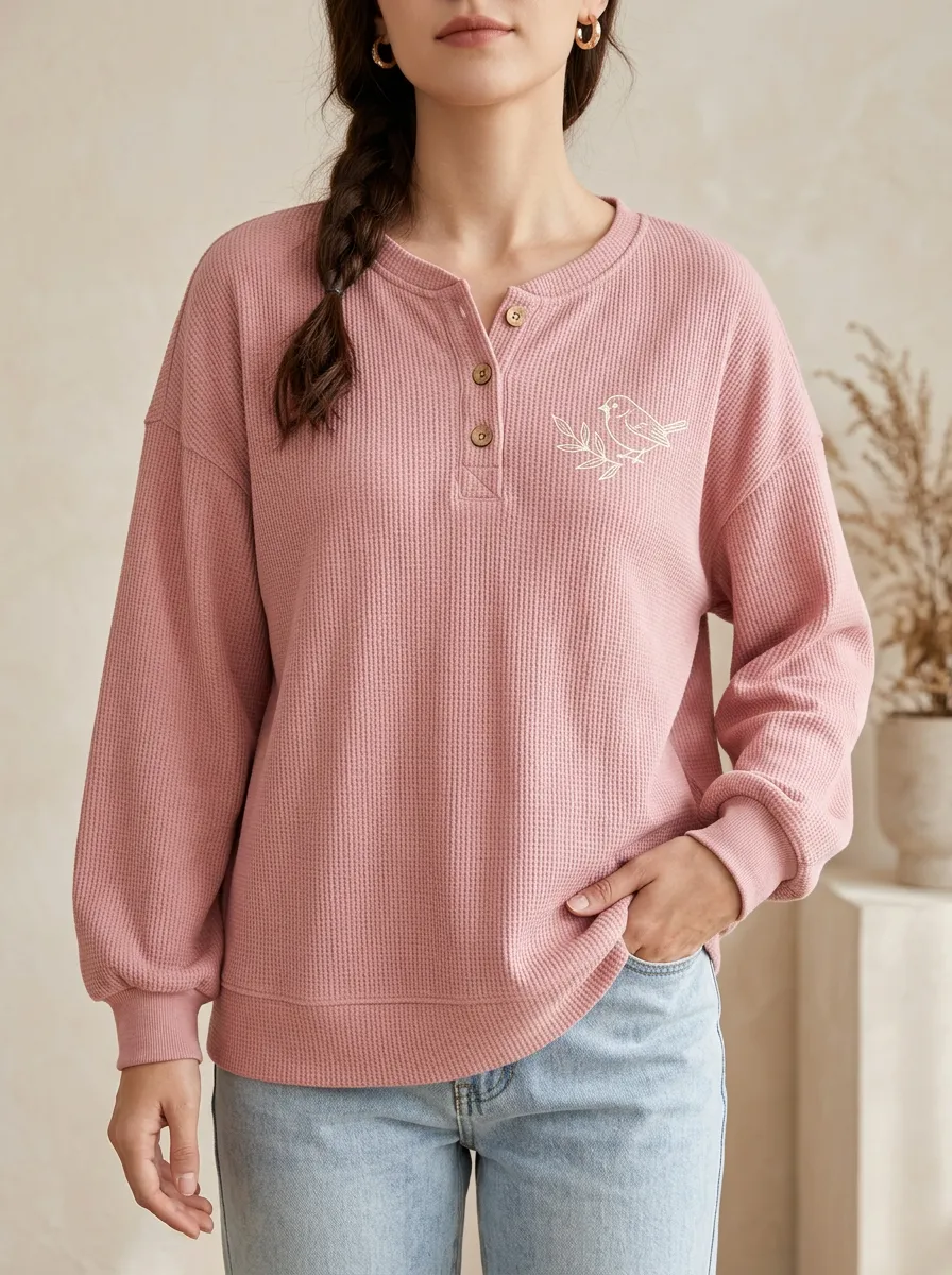 Women's Nature Lover Bird Branch Printed Waffle Knit Henley Shirt