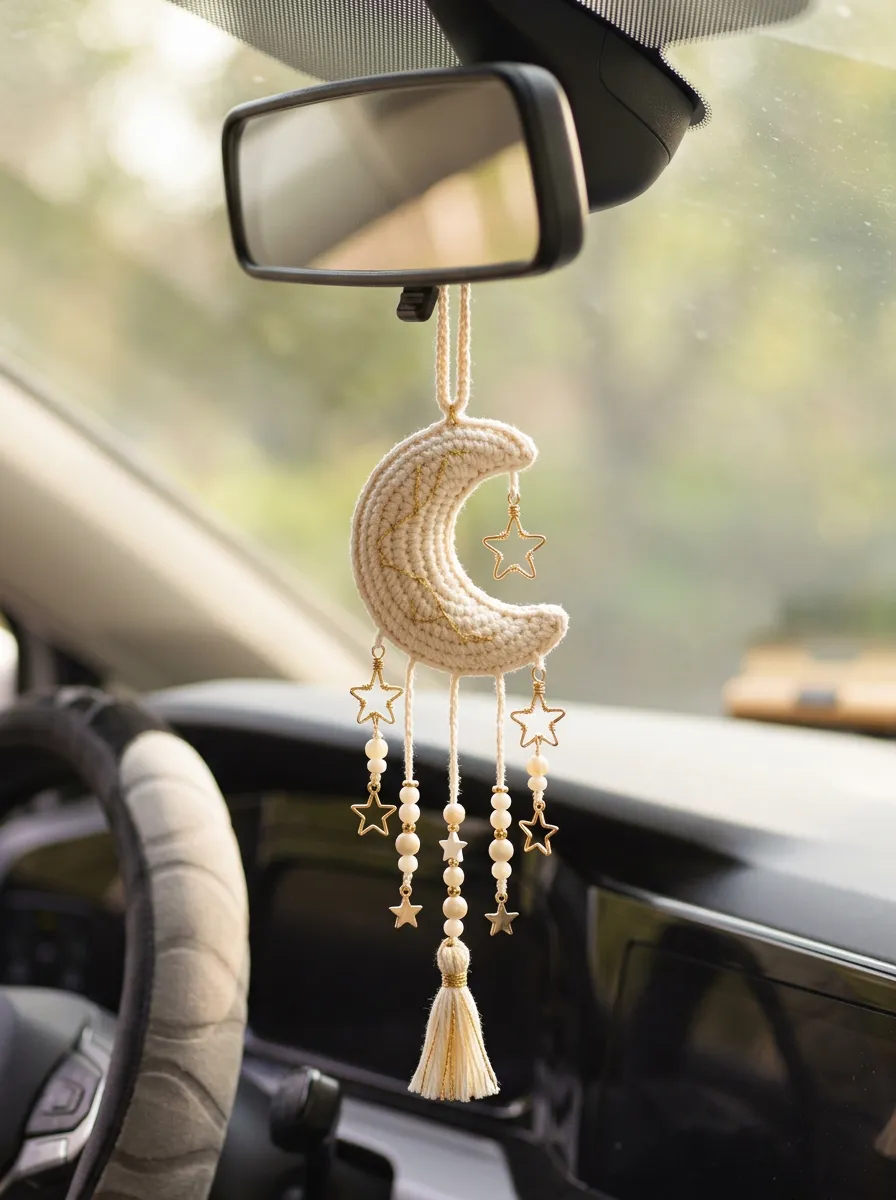 Knitted Moon-Star Rearview Mirror Hanging Ornament