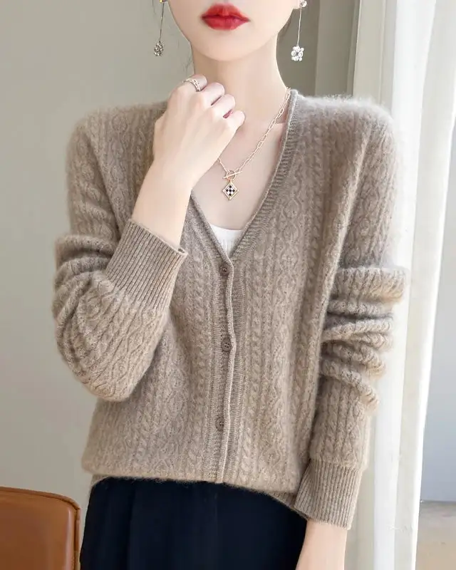 Merino-Wool Wool Button-Front V-Neck Cardigan