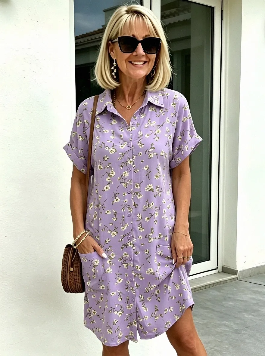 Women's Summer Vacation Sage Green Floral Printed Shirt Dress