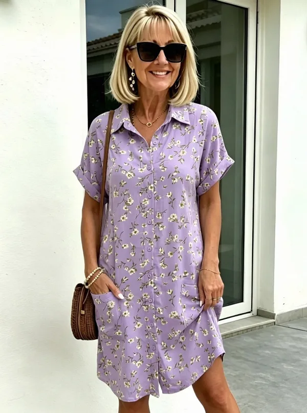 Women's Summer Vacation Sage Green Floral Printed Shirt Dress