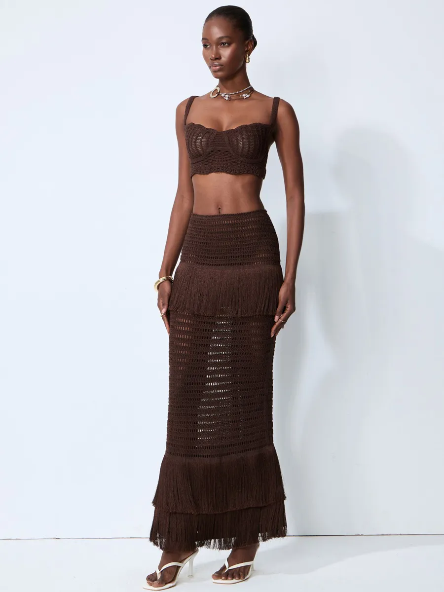 Julia Brown Crochet Knit Top & Fringe Skirt Set
