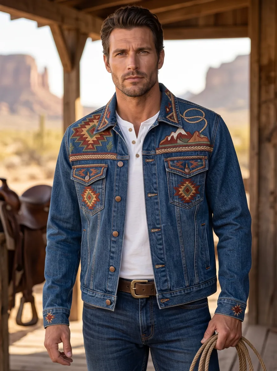 Women's Western Cowboy Southwest Geometric Mountain Printed Denim Jacket