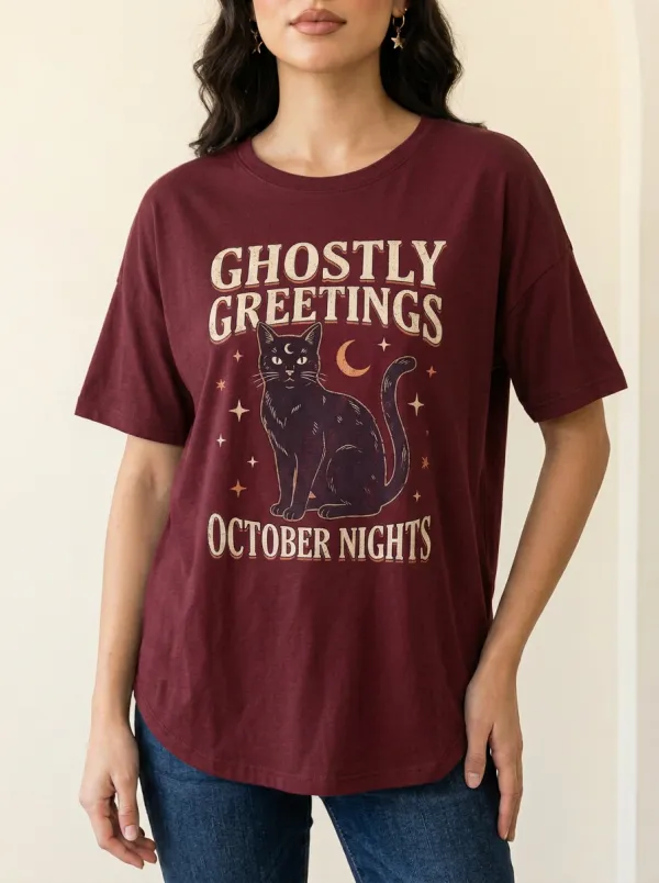 Women's Halloween Black Cat Moon Stars Printed T-shirt