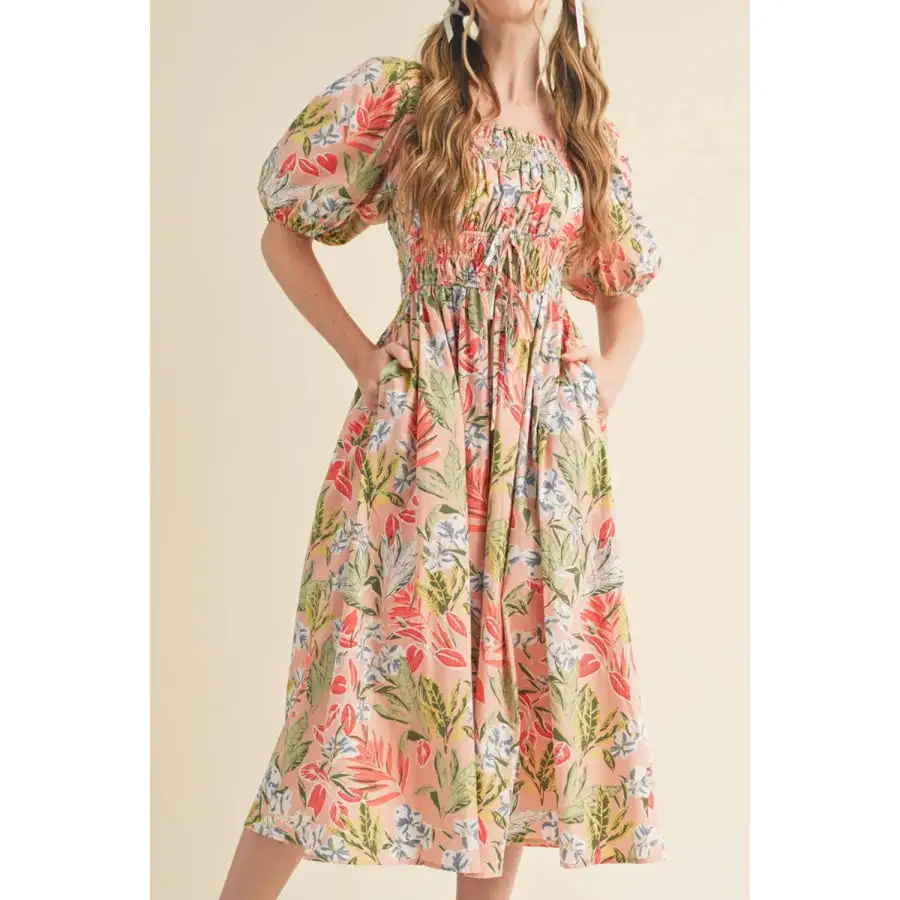 Smocked Square Neck Puff Short Sleeve Midi Dress