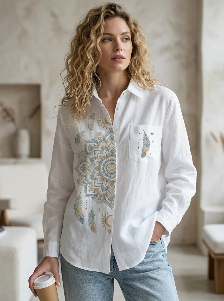 Women's Boho Mandala Feather Printed Button Down Shirt