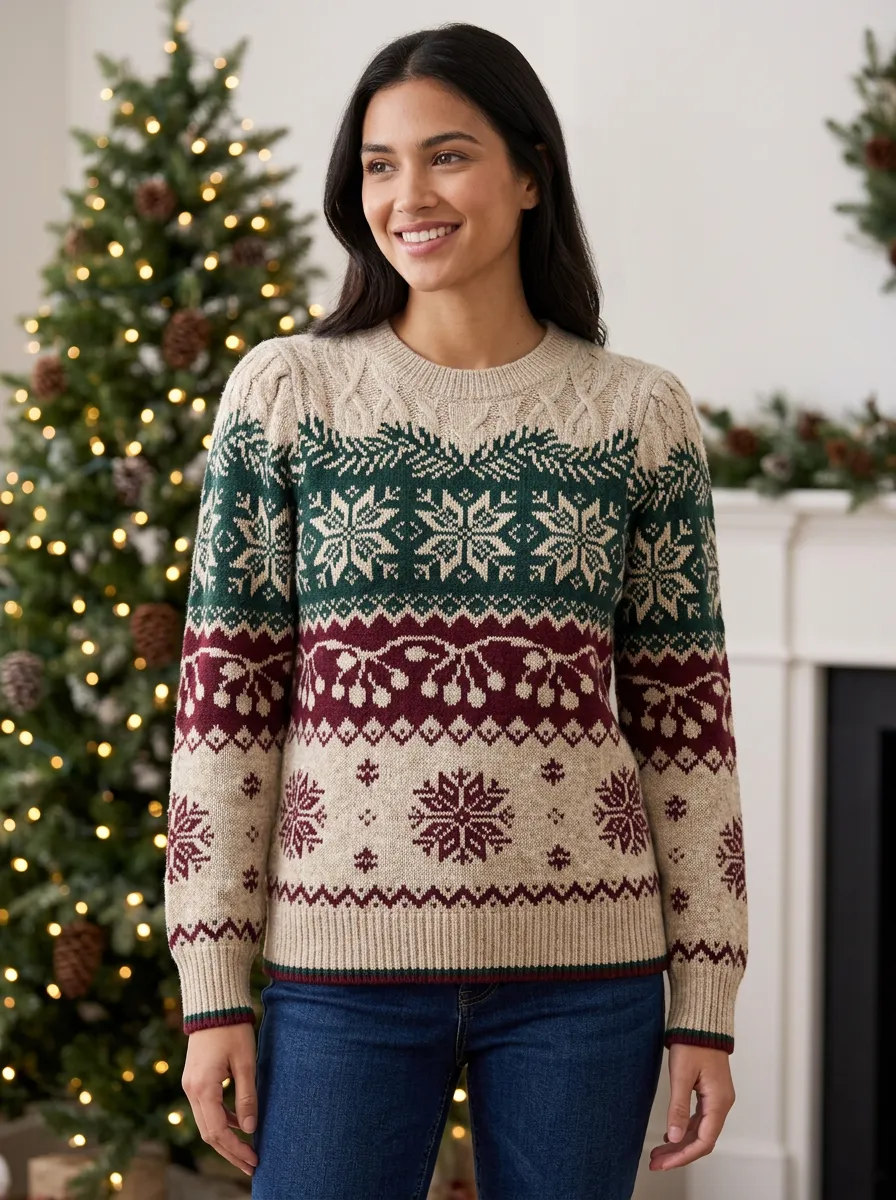 Christmas Holiday Snowflake Fair Isle Pattern Print Sweater