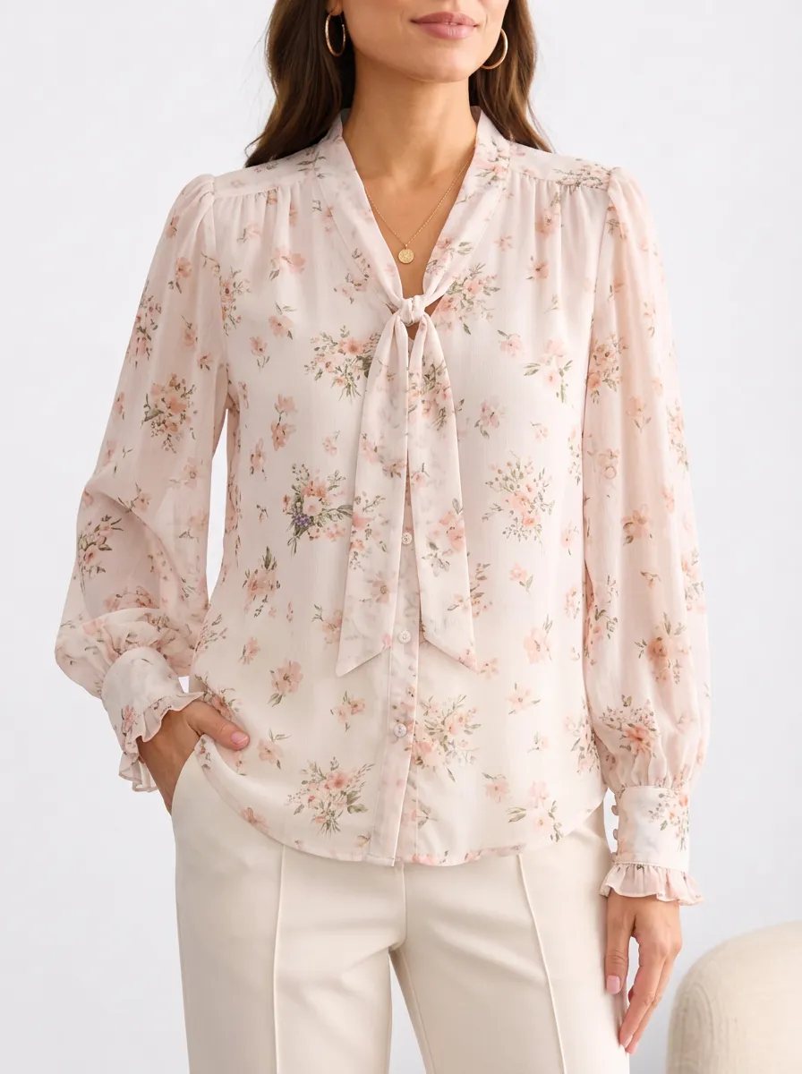 Women's Floral Pattern Tie-Neck Printed Blouse
