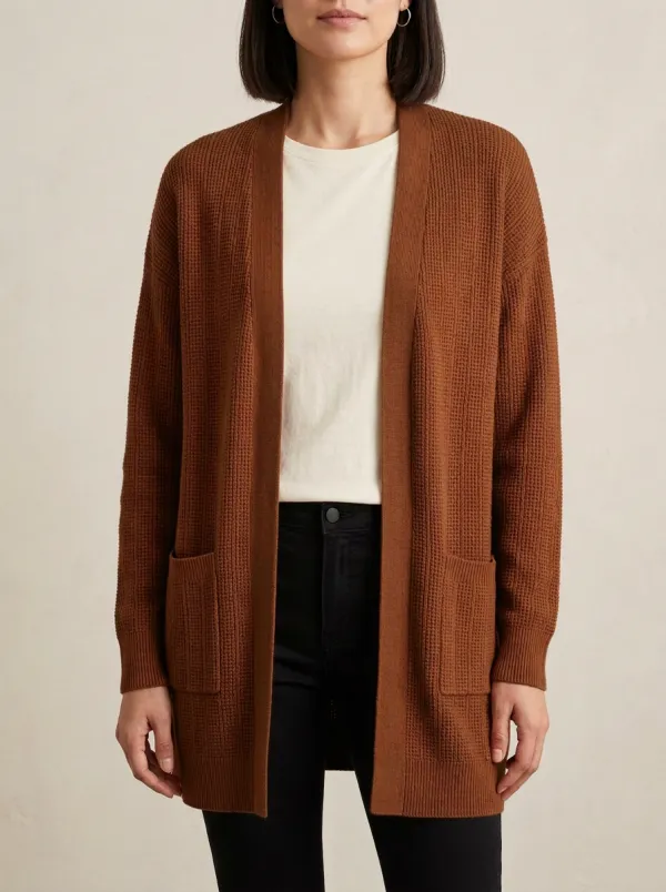 Soft Waffle-Knit Open-Front Knit Cardigan