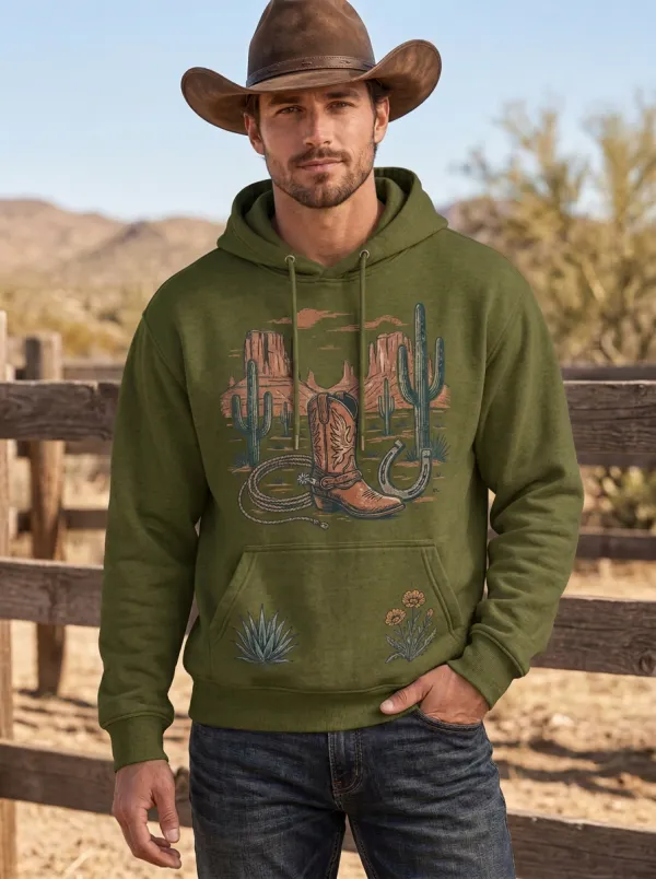 Men's Western Cowboy Horseshoe Horse Cactus Graphic Hoodie