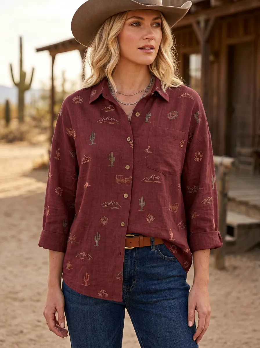 Women's Western Desert Cactus Mountain Printed Cotton Linen Shirt
