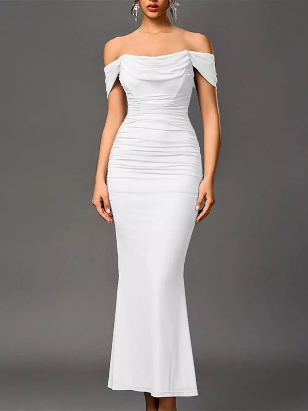 Relaxed Off Shoulder Ruched Mermaid Maxi Dress