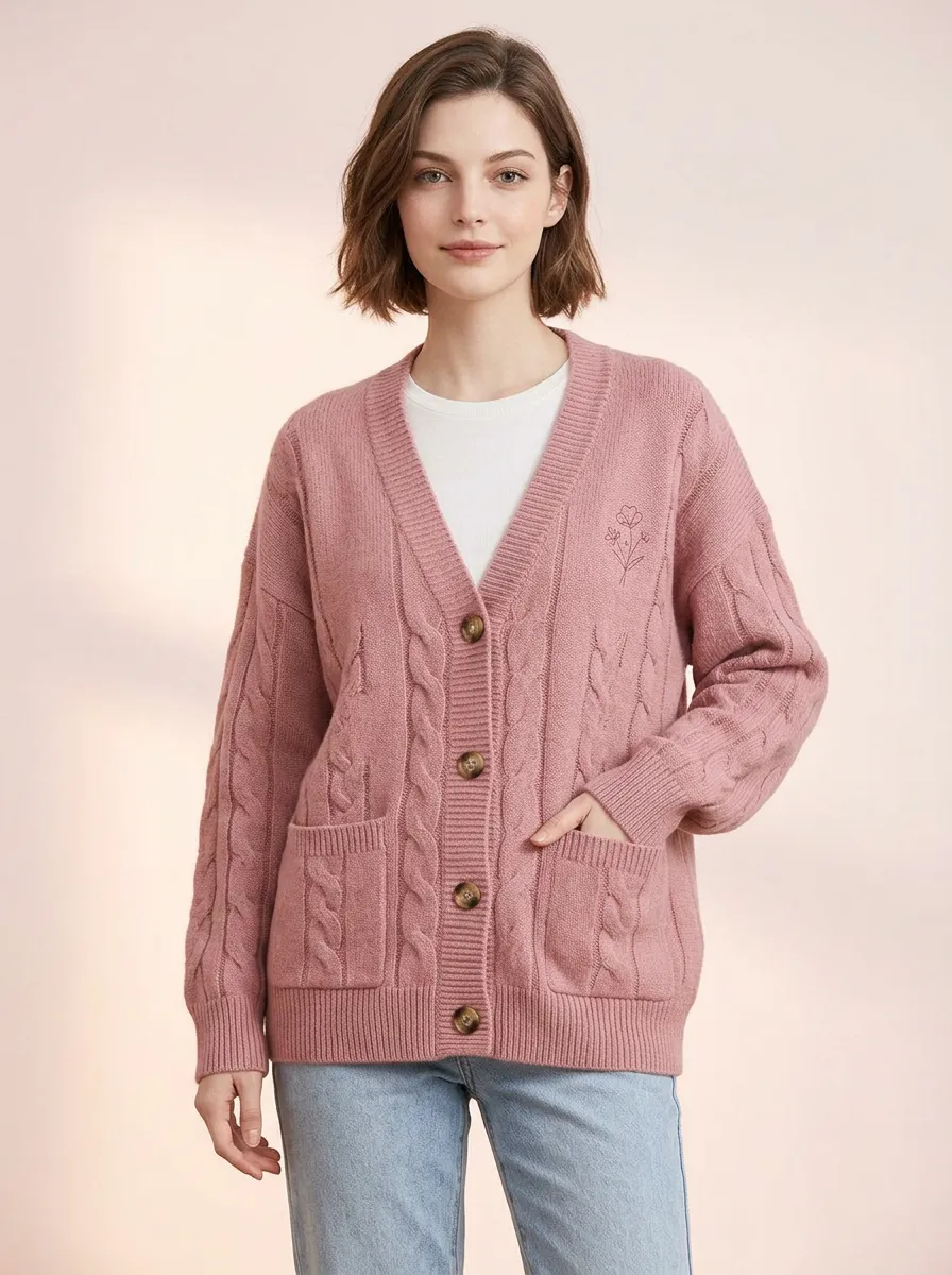 Women's Pink Floral Minimalist Embroidered Cable Knit Cardigan