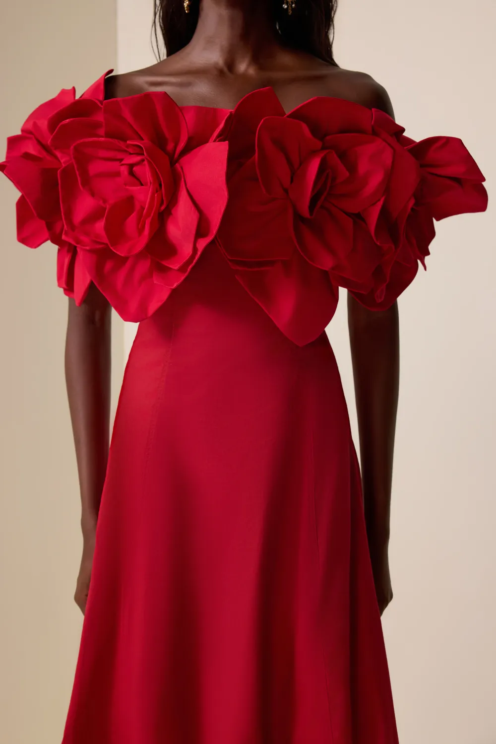 3D Flower Solid Off-Shoulder Midi Dress