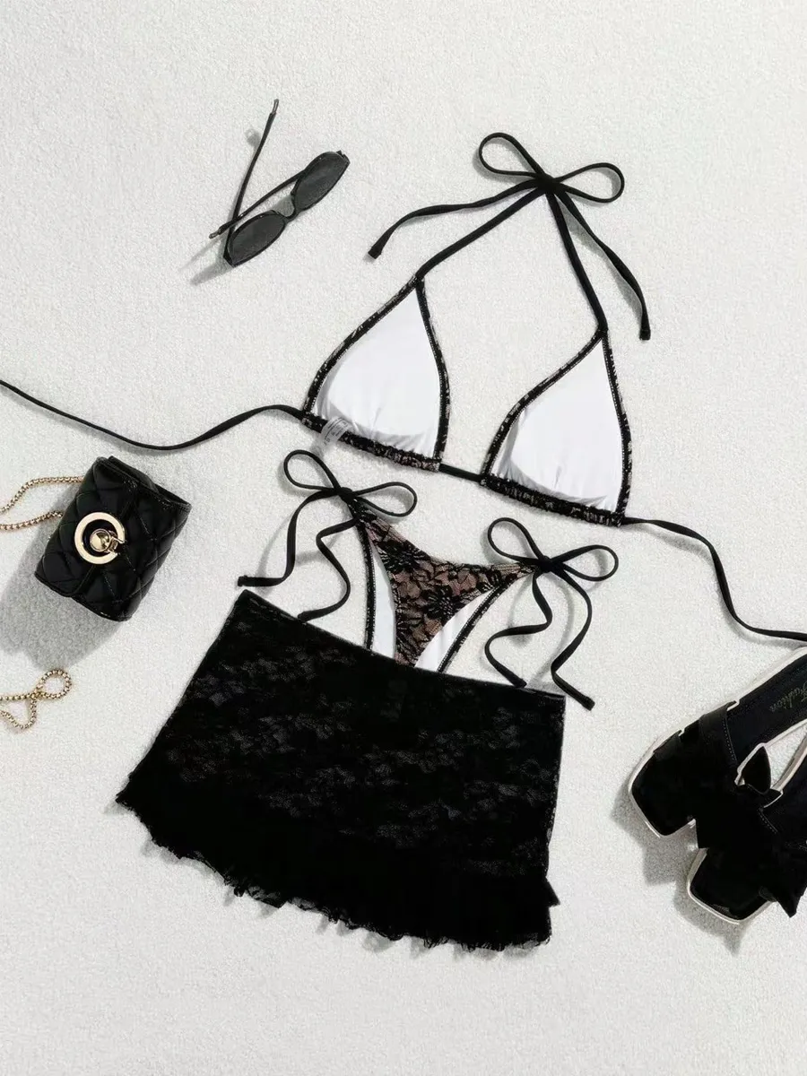 Inara Lace Tie-Up Bikini Three-Piece Set