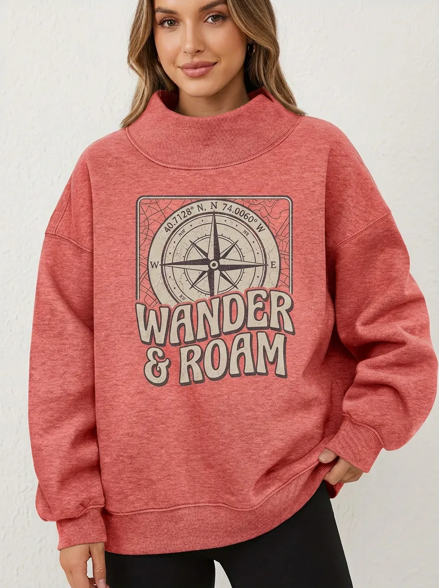 Travel Wanderer Compass Wander and Roam Mock Neck Sweatshirt