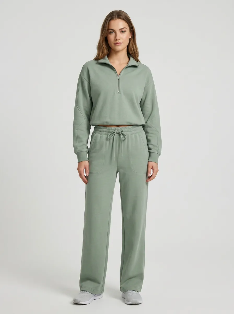 Women's Sage Green Quarter Zip Cropped Sweatshirt and Wide Leg Pants Set