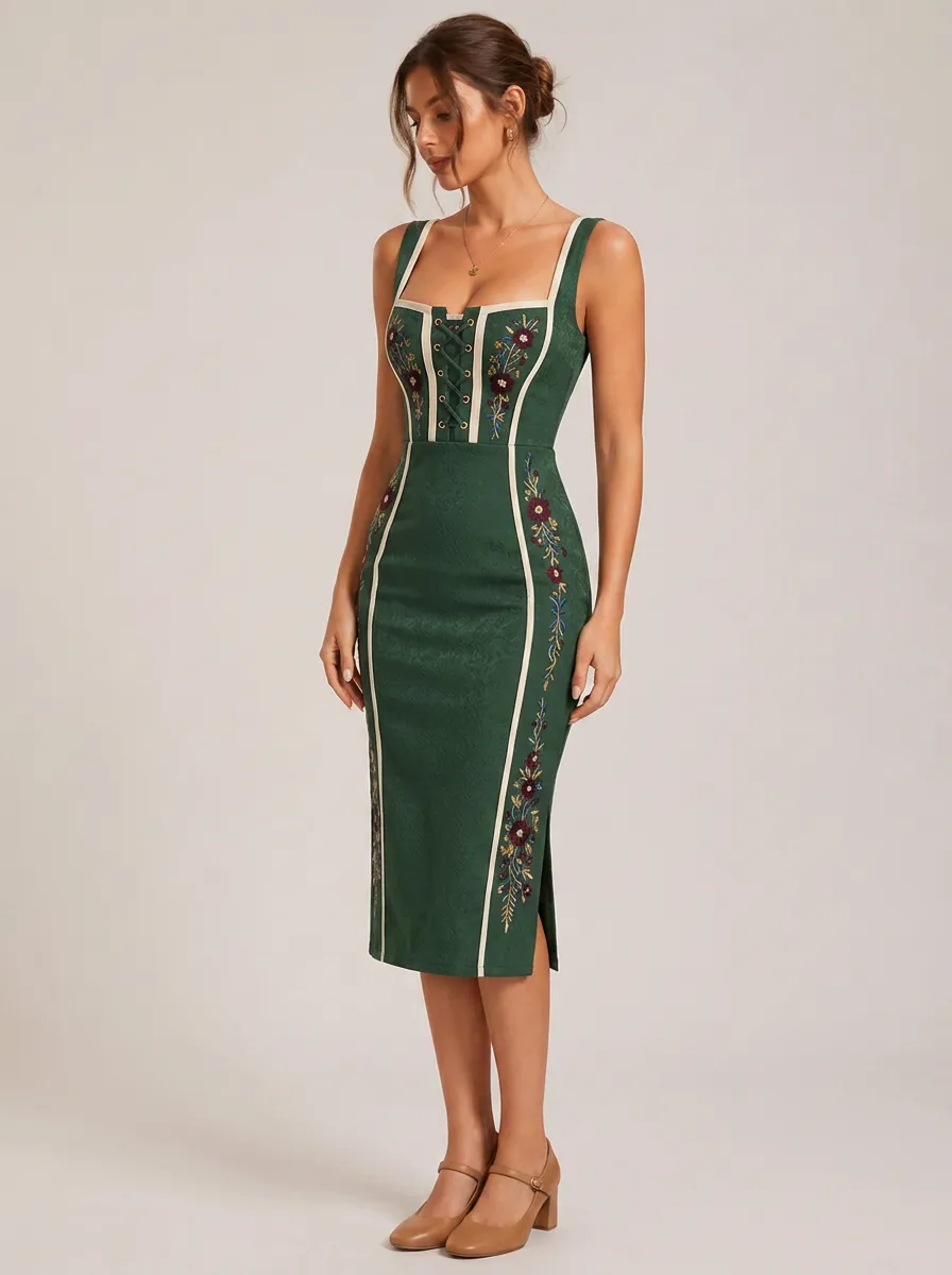 Women's Embroidered Lace-Up Festival Bodycon Dress