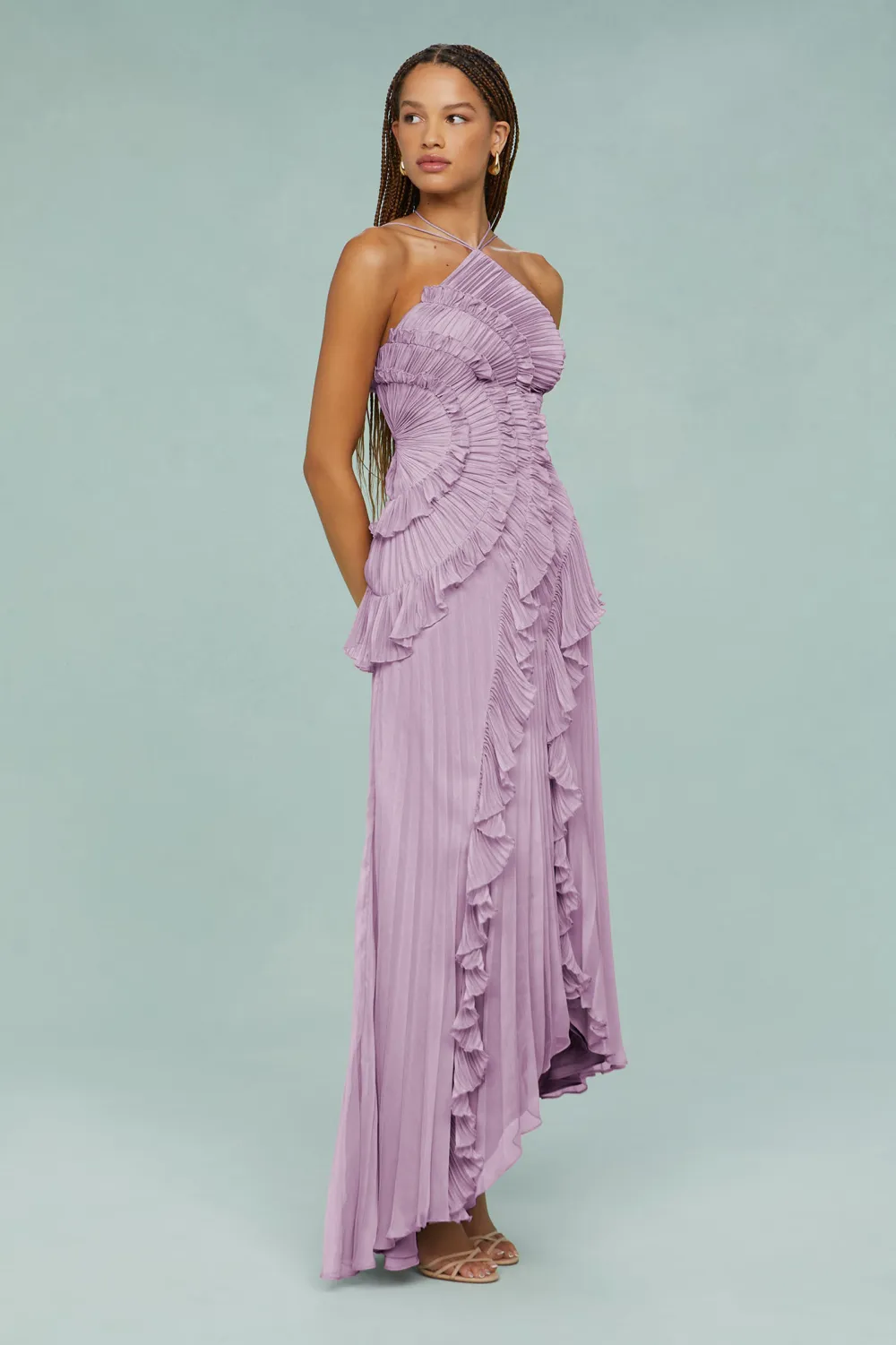 Pleated Frill Halter Neck Midi Dress