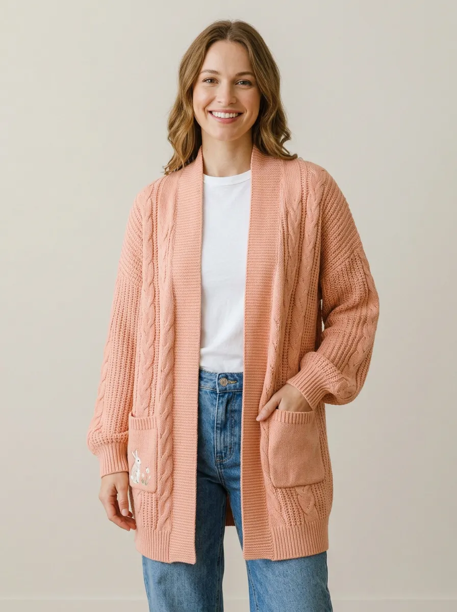 Women's Easter Bunny Lover Pink Cable Knit Embroidered Cardigan