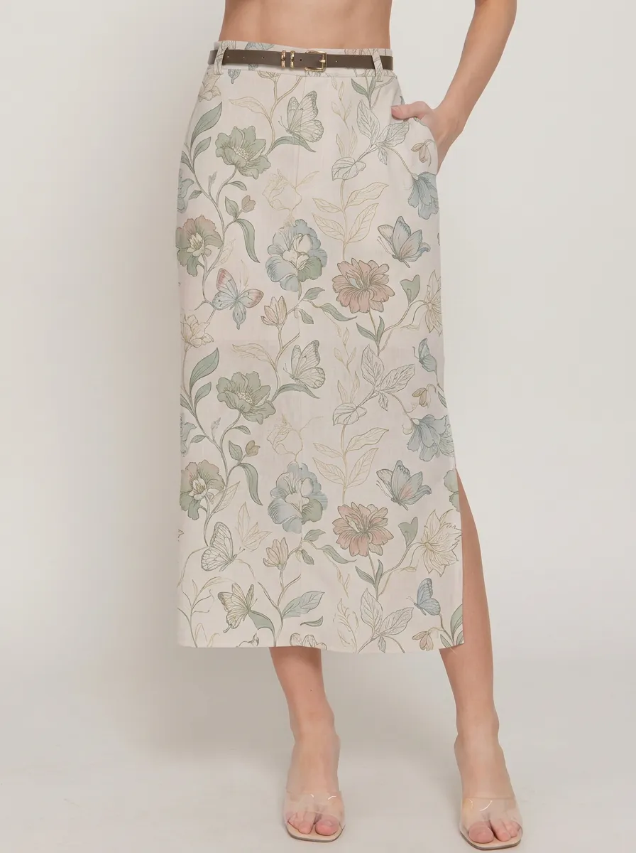 Women's Belt-Loop Floral Butterfly Botanical Printed Midi Skirt