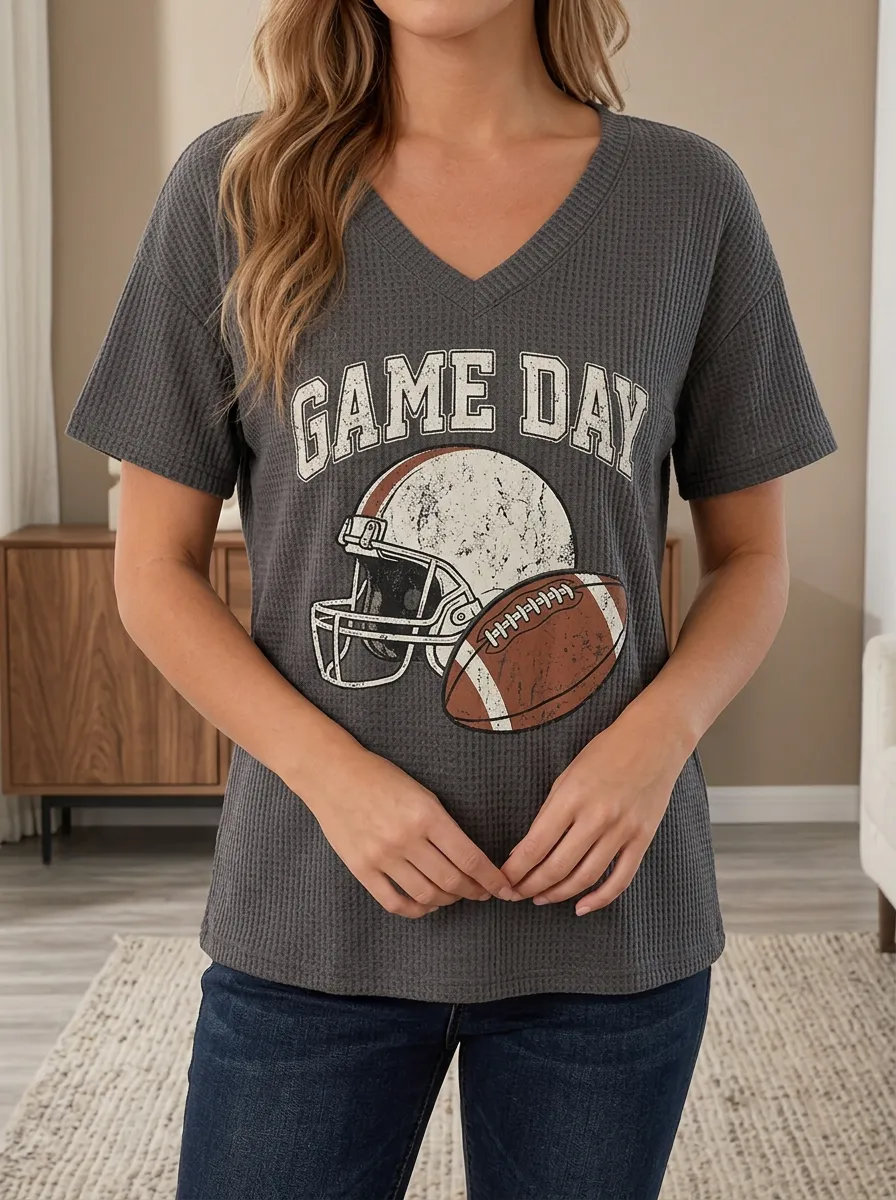 Women's Game Day Football Fan Game Day Helmet Printed Waffle Top
