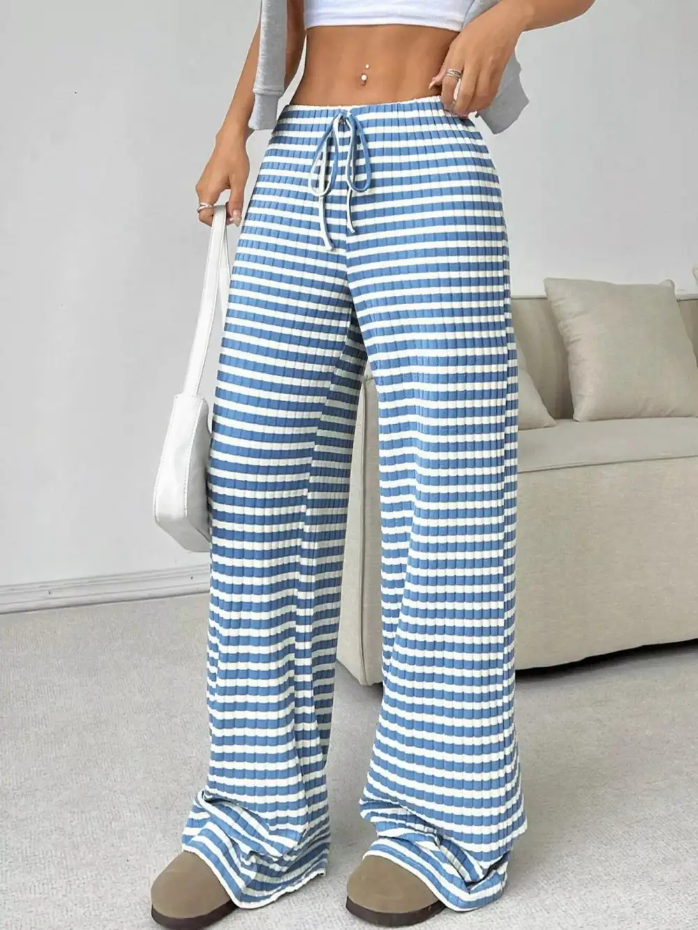 Striped Ribbed Knit Drawstring Waist Wide Leg Pants