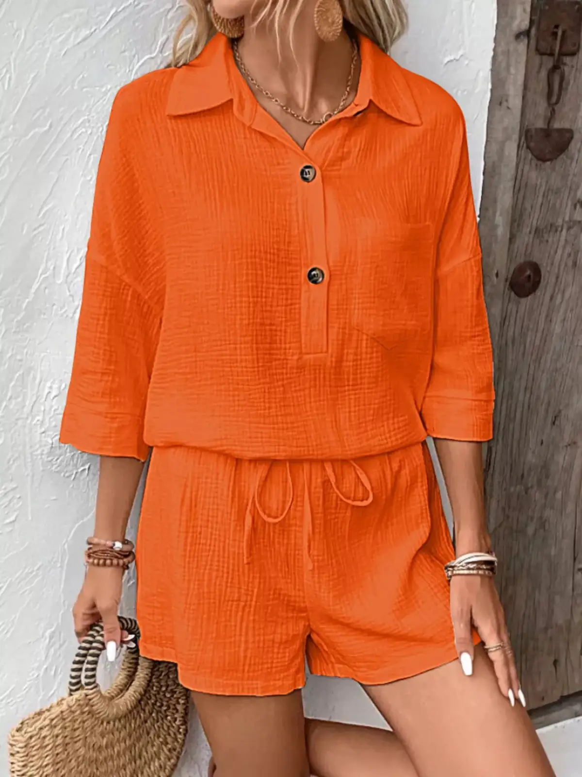 Button-Detail Pocketed Cotton Top and Shorts Matching Set