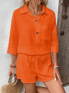 Button-Detail Pocketed Cotton Top and Shorts Matching Set