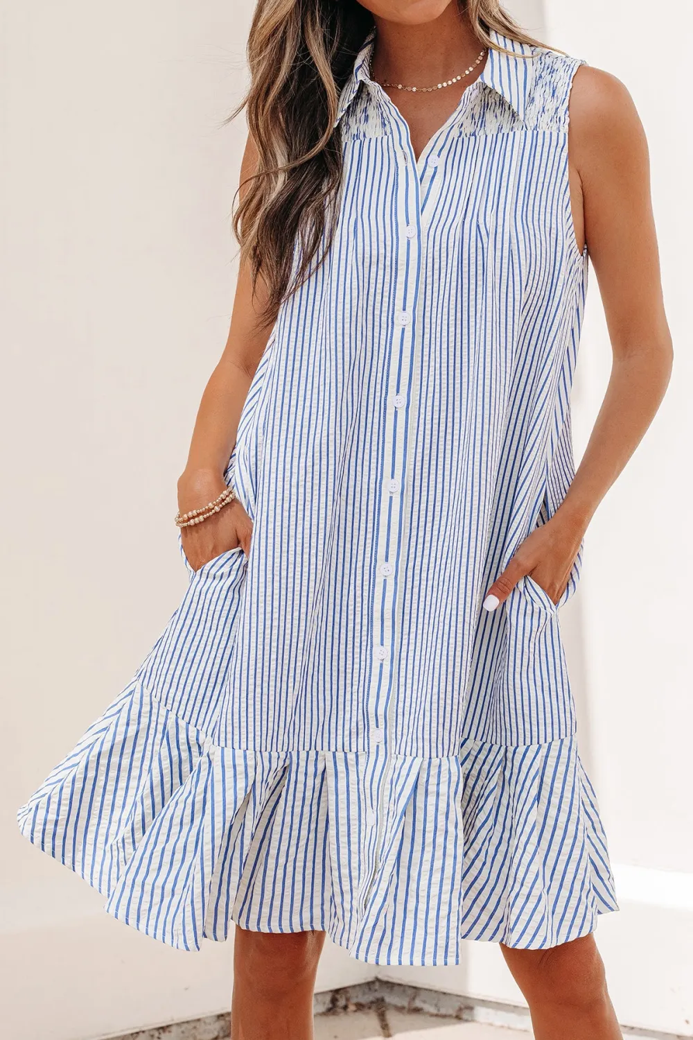 Striped Ruffle Trim Shirred Mini Dress