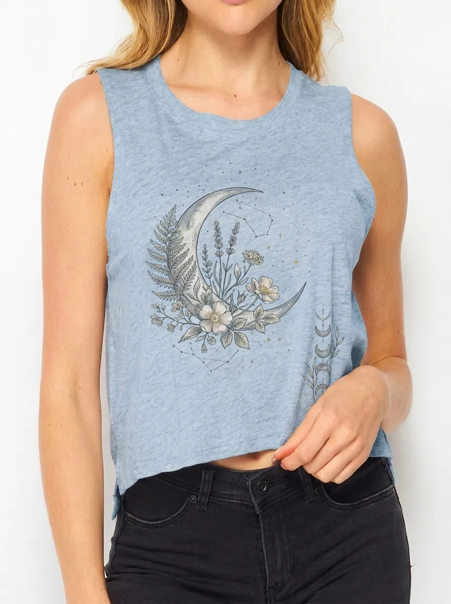 Women's Celestial Floral Moon Printed Crop Tank Top