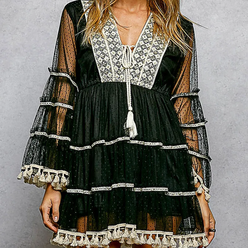 Embroidered Ruffle Detail Long Sleeve V-Neck Dress
