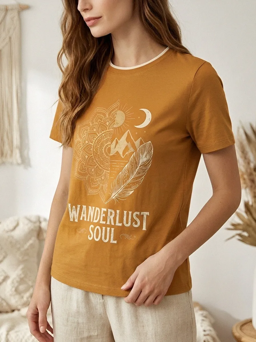 Women's Mandala Mountain Feather Printed T-shirt