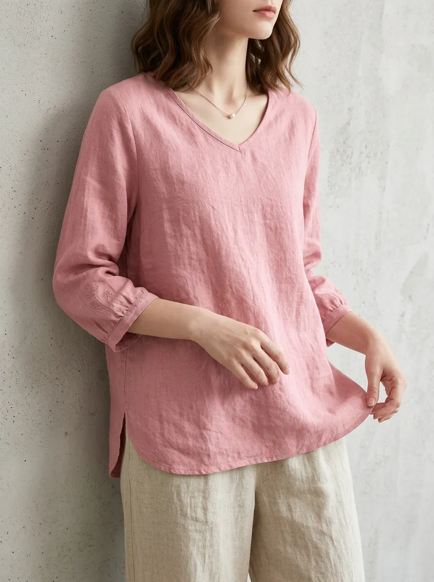 Women's Casual Pink Floral Embroidered V-Neck Linen Top