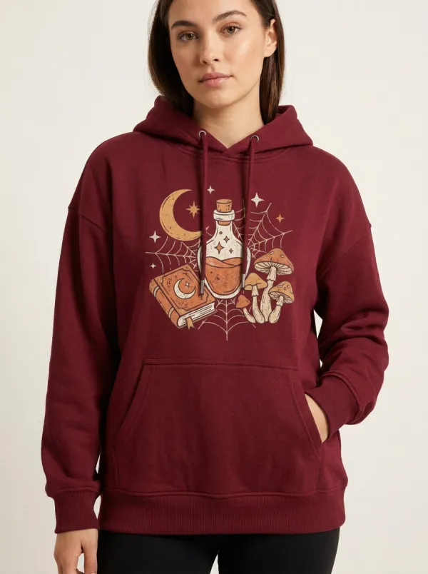 Women's Halloween Witchy Potion Book Mushroom Printed Hoodie