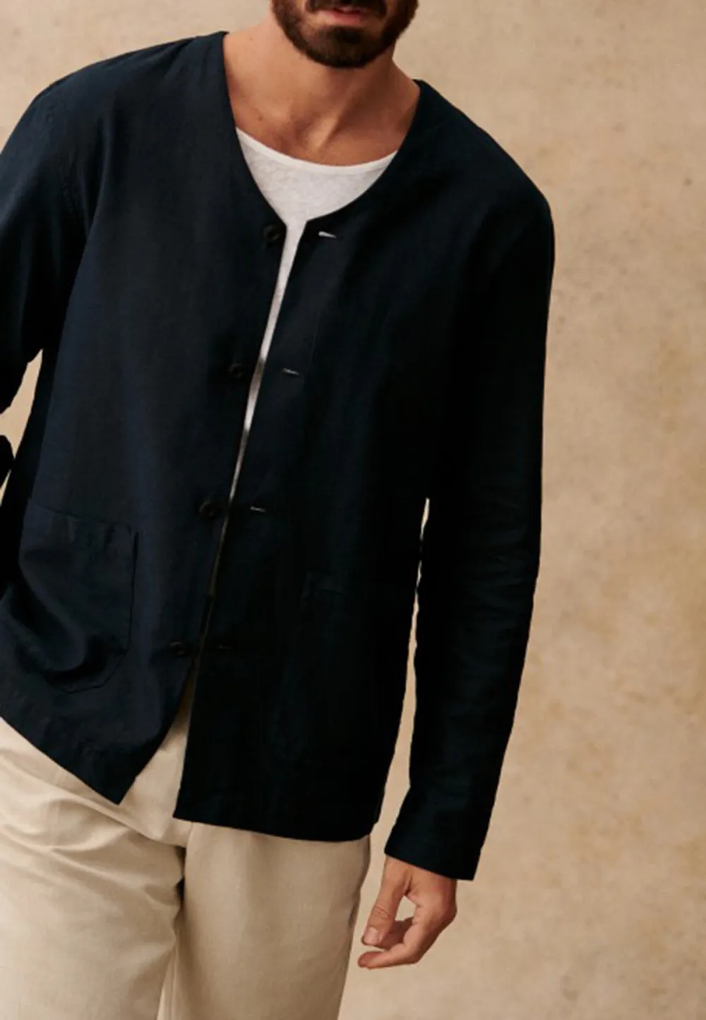 Cream Beige V-Neck Relaxed Fit Casual Jacket