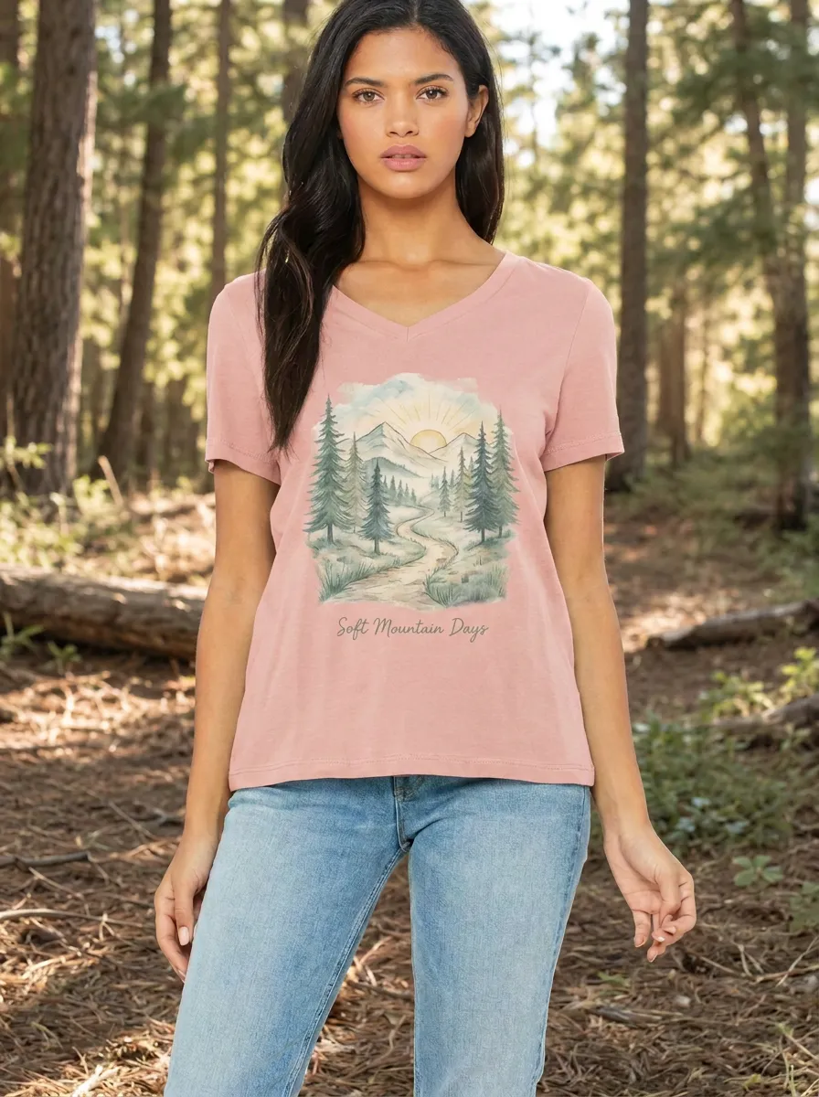 Women's Nature Lover Mountain Forest Landscape Printed V-neck T-shirt