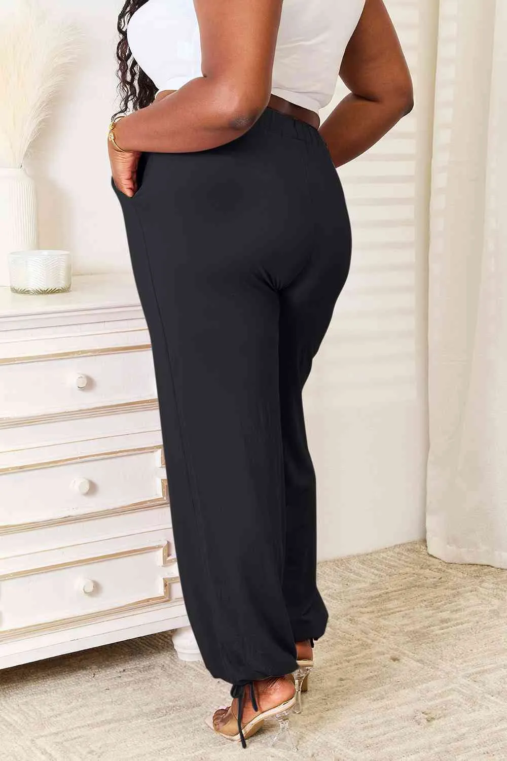 Full Size Soft Rayon Drawstring Waist Pants With Pocket