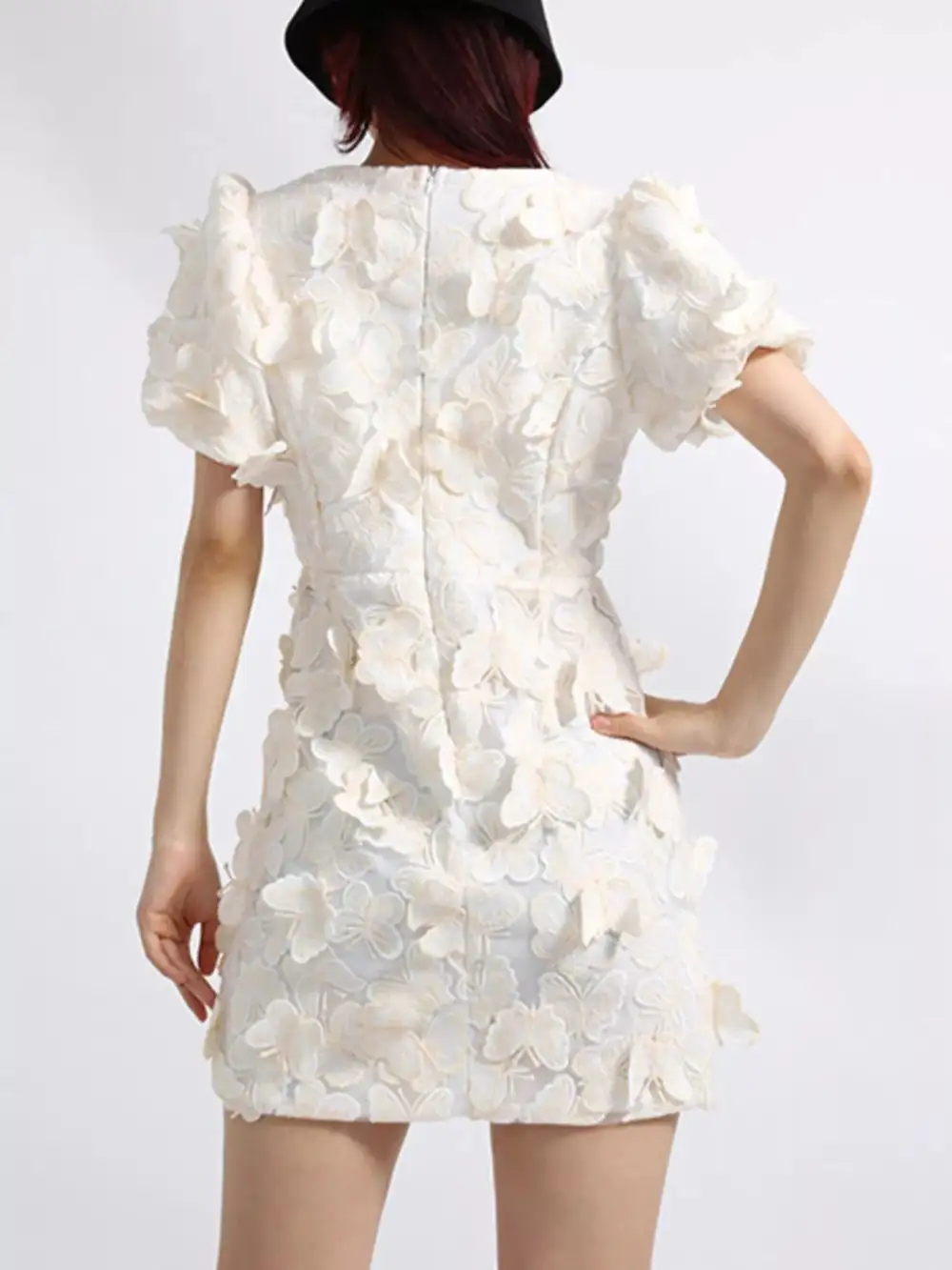 Butterfly Print V Neck Puff Sleeve Mini Dress